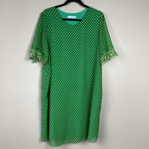 New Karoleva Green White Polka Dot Shift Dress Embroidered Lace Sleeve Plus Size - Picture 1 of 7